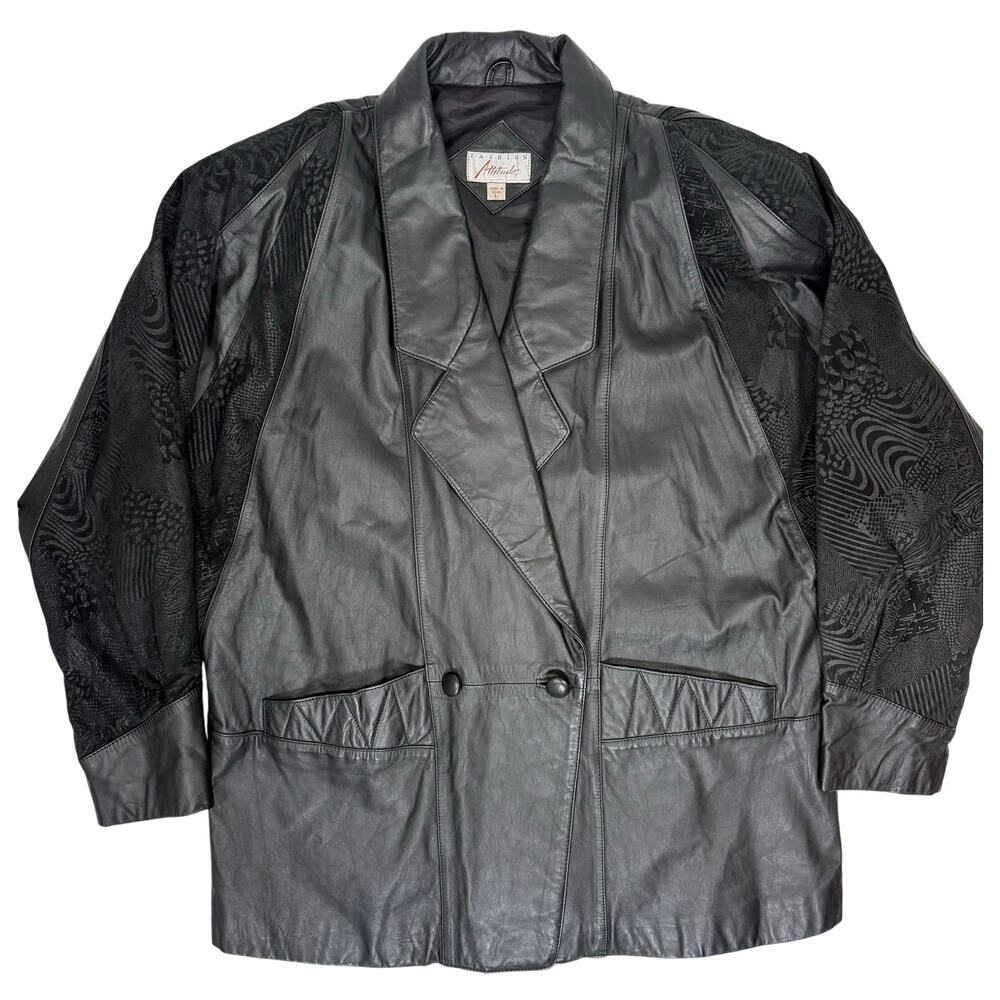Vintage 90s Women's Large Oversized Black Leather Jacket Fashion Attitude